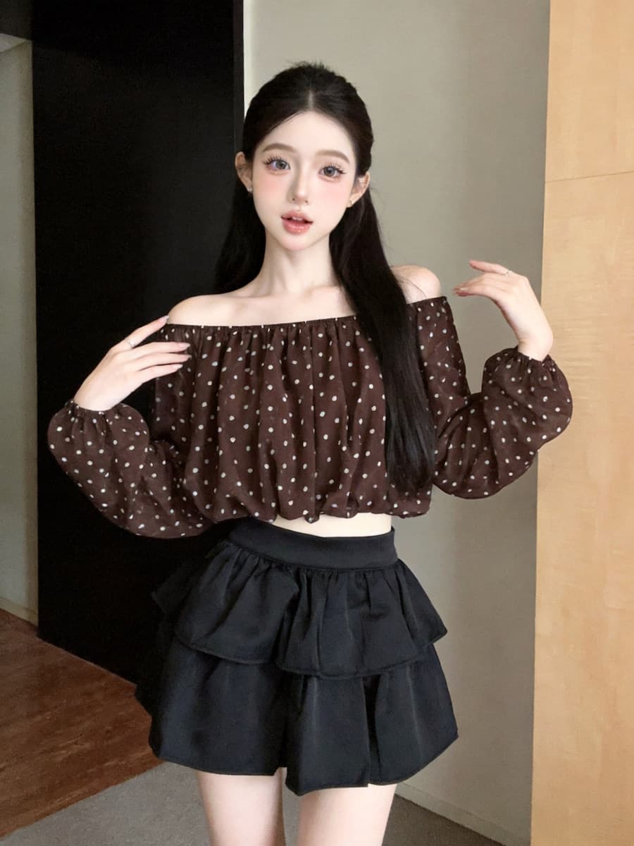 핫걸 튀김 거리 보트넥 오프숄더 슬림해 보이는 도트 무늬 시폰 셔츠 여성 가을 새로운 섹시함 이슬 뼈의 벌룬 소매 맨위 상세 이미지 15