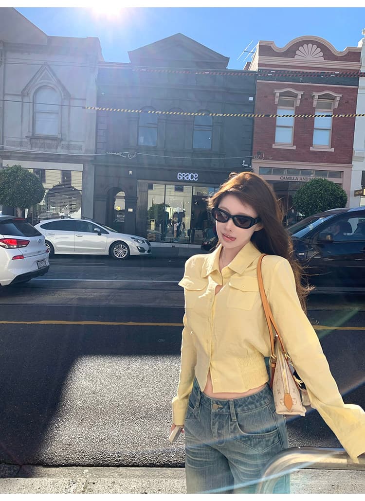 ~보다 부처님 소녀 명중 가져 가라. 허리 수축 디자인 싱글 줄 버튼 긴팔 쇼트 스타일 셔츠 허리 수축 셔츠 상세 이미지 10
