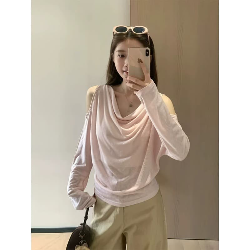한 부서 디자인 센스 흔들다 칼라 오프숄더 긴팔 티셔츠 슬림해 보이는 루즈핏 느긋한 맨위 이미지 2