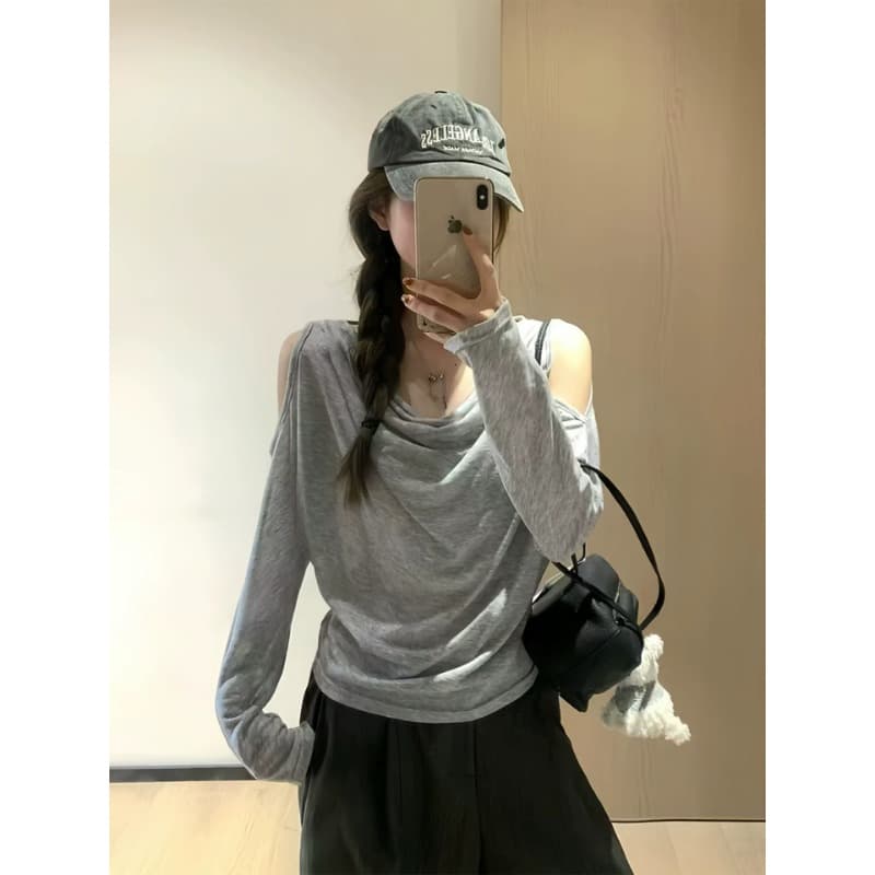 한 부서 디자인 센스 흔들다 칼라 오프숄더 긴팔 티셔츠 슬림해 보이는 루즈핏 느긋한 맨위 이미지 3