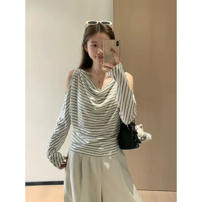 한 부서 디자인 센스 흔들다 칼라 오프숄더 긴팔 티셔츠 슬림해 보이는 루즈핏 느긋한 맨위 이미지 4