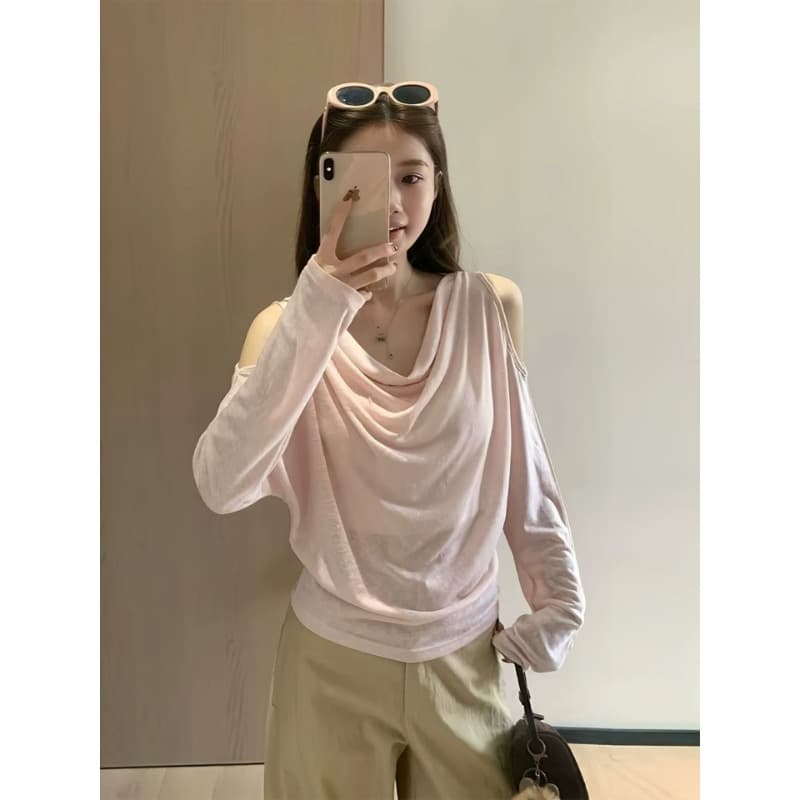한 부서 디자인 센스 흔들다 칼라 오프숄더 긴팔 티셔츠 슬림해 보이는 루즈핏 느긋한 맨위 이미지 5
