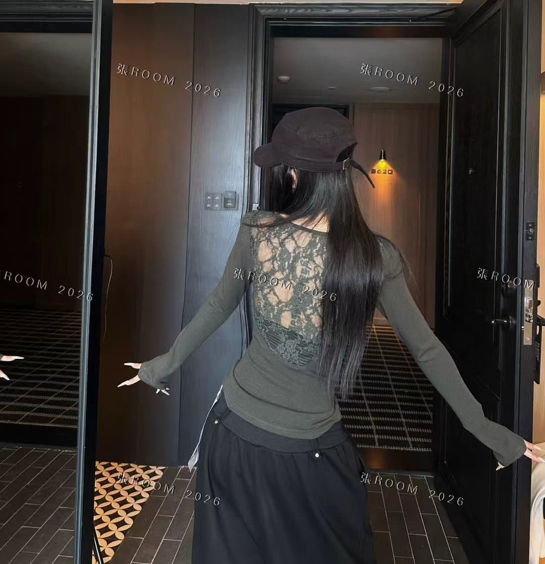 장 room 새로운 레이스 조각 u 칼라 긴팔 기본 셔츠 홀로우 아웃 백리스 몸매 가꾸기 슬림해 보이는 레이스업 허리 수축 맨위 상세 이미지 6