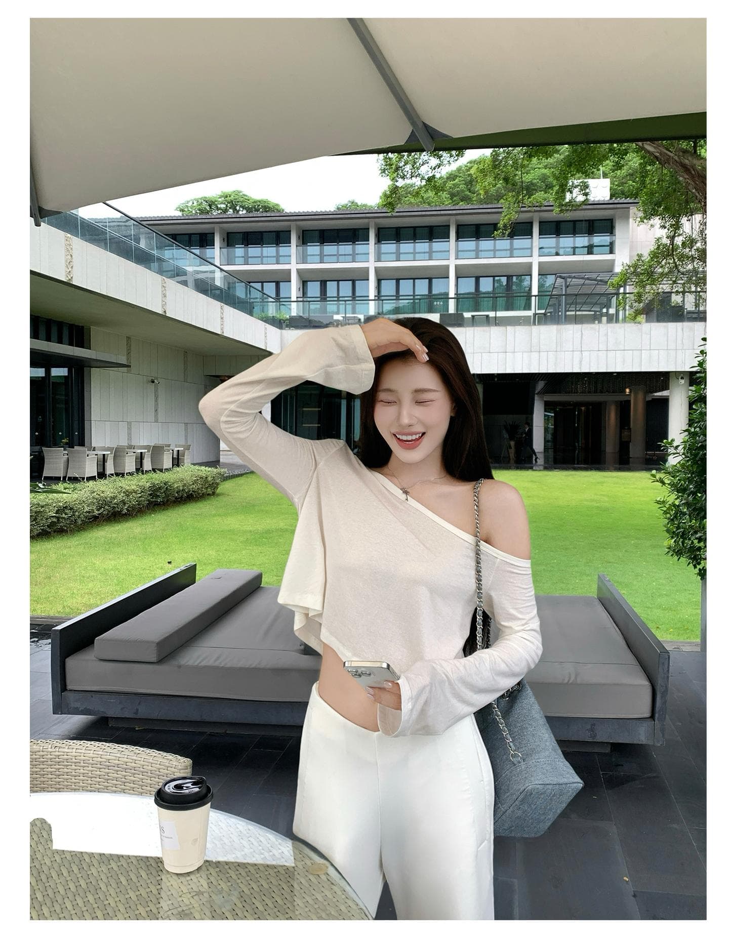 주간 실크 아마 미니멀리즘 느슨함 질감 센스 다용도 얇고 가벼운 비스듬한 어깨 긴팔 맨위 상세 이미지 22