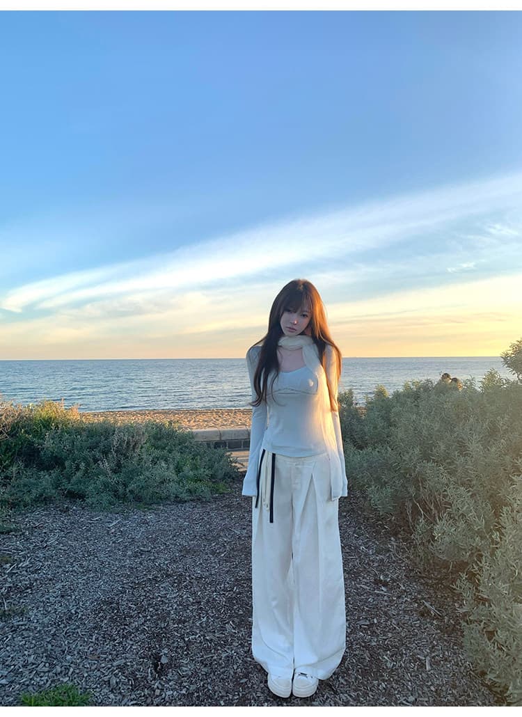 바람 종소리 작은 나이 홀로우 아웃 물결무늬 레이스 레이스 관대 한 칼라 긴팔 티셔츠 순수한 욕망 짧은 맨위 상세 이미지 6