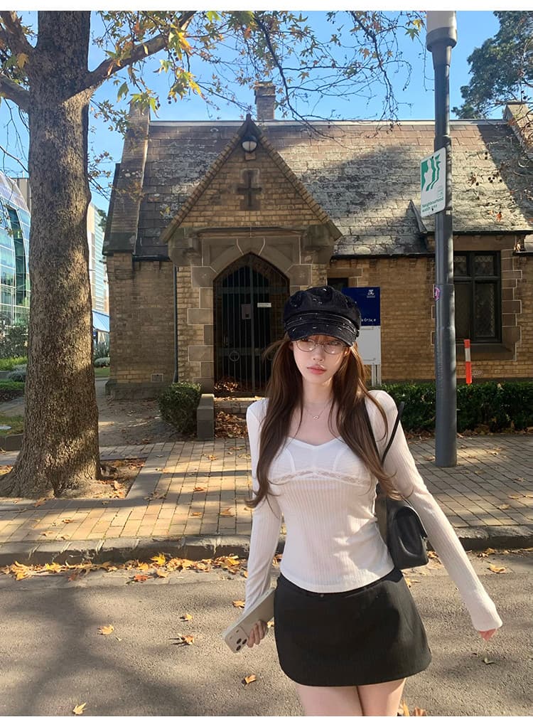바람 종소리 작은 나이 홀로우 아웃 물결무늬 레이스 레이스 관대 한 칼라 긴팔 티셔츠 순수한 욕망 짧은 맨위 상세 이미지 12
