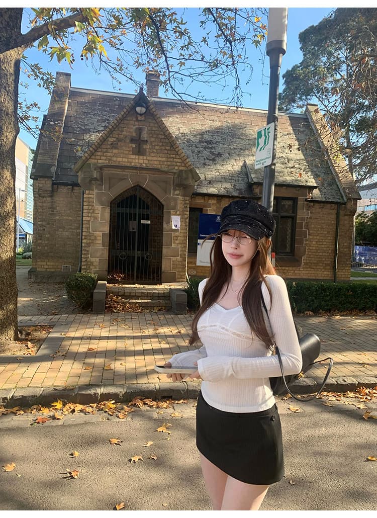 바람 종소리 작은 나이 홀로우 아웃 물결무늬 레이스 레이스 관대 한 칼라 긴팔 티셔츠 순수한 욕망 짧은 맨위 상세 이미지 13