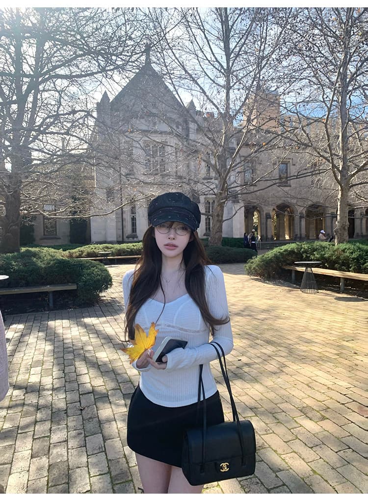 바람 종소리 작은 나이 홀로우 아웃 물결무늬 레이스 레이스 관대 한 칼라 긴팔 티셔츠 순수한 욕망 짧은 맨위 상세 이미지 14
