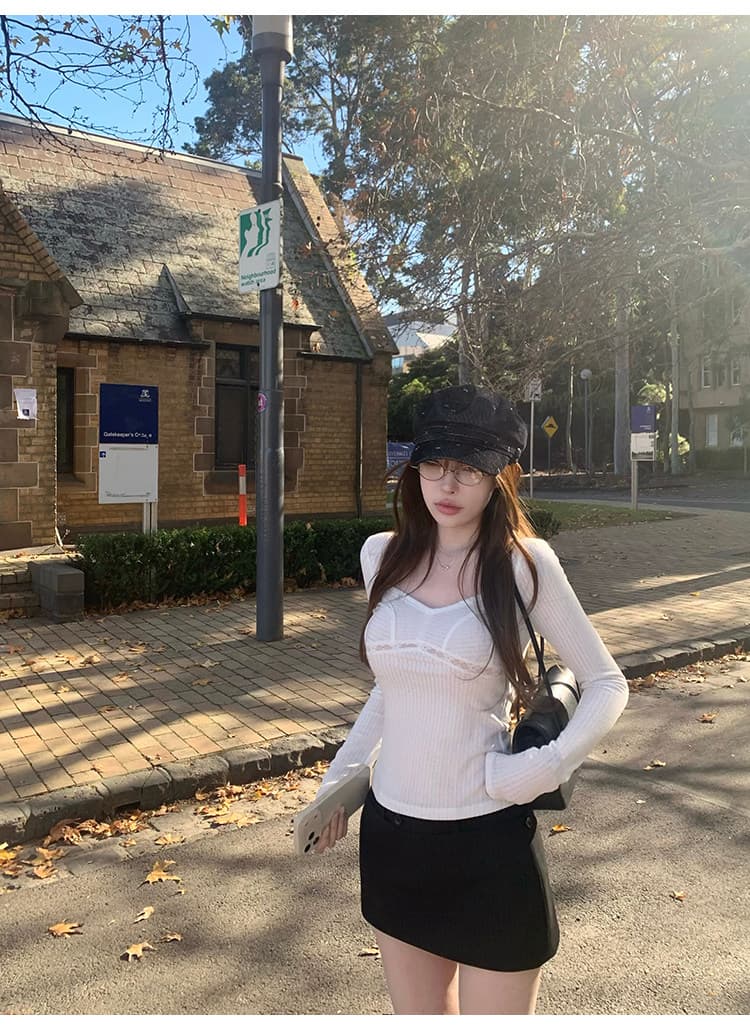 바람 종소리 작은 나이 홀로우 아웃 물결무늬 레이스 레이스 관대 한 칼라 긴팔 티셔츠 순수한 욕망 짧은 맨위 상세 이미지 15