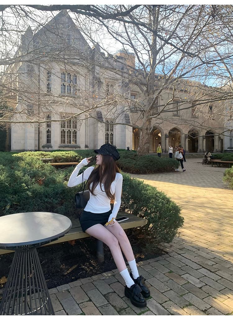 바람 종소리 작은 나이 홀로우 아웃 물결무늬 레이스 레이스 관대 한 칼라 긴팔 티셔츠 순수한 욕망 짧은 맨위 상세 이미지 19