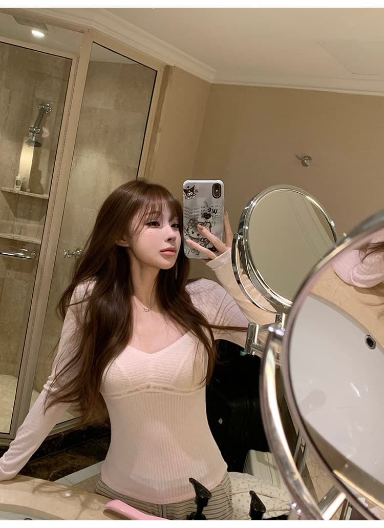 바람 종소리 작은 나이 홀로우 아웃 물결무늬 레이스 레이스 관대 한 칼라 긴팔 티셔츠 순수한 욕망 짧은 맨위 상세 이미지 30