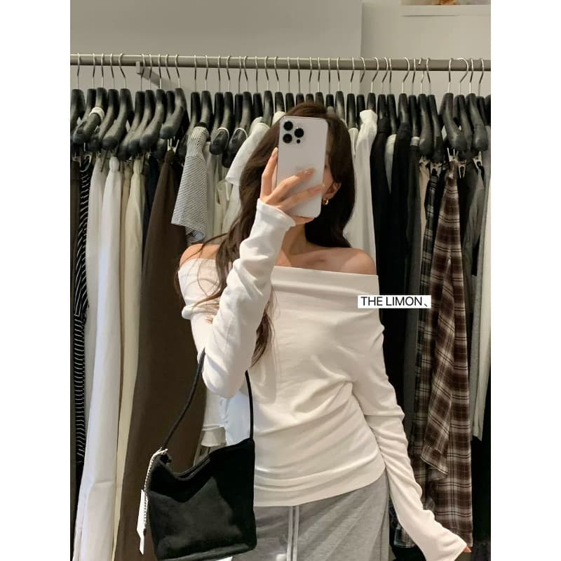 하나 의류 기타 착용 the limon 오프숄더 비스듬한 어깨 긍정적 인 어깨 측면 연주 중 Pleat 허리 수축 슬림해 보이는 긴팔 티셔츠 여성 이미지 4
