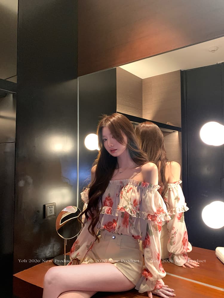 yoli 장 宥 이익 열정적 인 순간 장미 오프숄더 시폰 셔츠 여성 가을 레트로 루즈핏 슬림해 보이는 맨위 상세 이미지 8