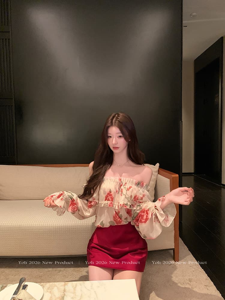 yoli 장 宥 이익 열정적 인 순간 장미 오프숄더 시폰 셔츠 여성 가을 레트로 루즈핏 슬림해 보이는 맨위 상세 이미지 11