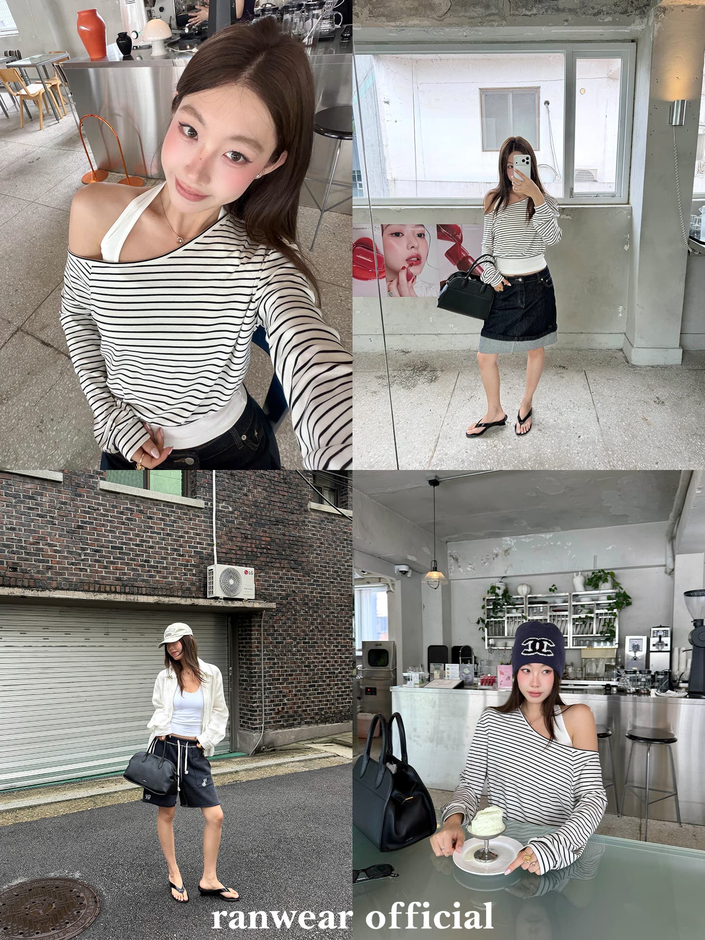 ranwear 스택 착용 필드 곰 灰度 사서함 94 라이 경기 서울 사실 두 조각 행침 목 오프숄더 긴 소매 티셔츠 슬립 이미지 5