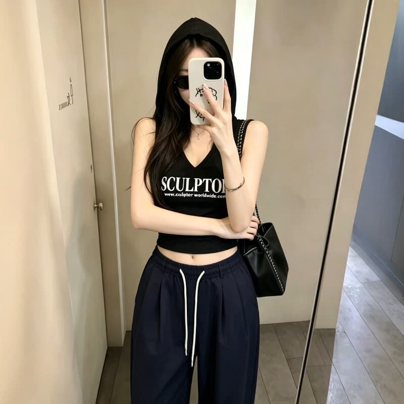 아메리칸 레트로 후드 조끼 여성 이른 가을 새로운 알파벳 프린트 V넥 몸매 가꾸기 슬림해 보이는 핫걸 바람 인사이드 잡아라. 의류 상세 이미지 5