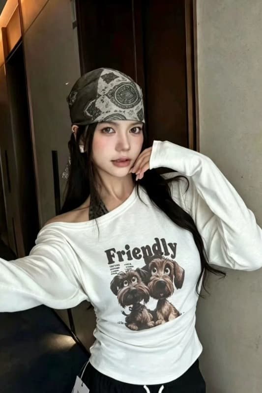 한 부서 순수한 욕망 바람 섹시함 레오파드 무늬 행침 목 세련된 슬립 비스듬한 칼라 오프숄더 강아지 프린트 긴팔 티셔츠 투피스 세트 이미지 6