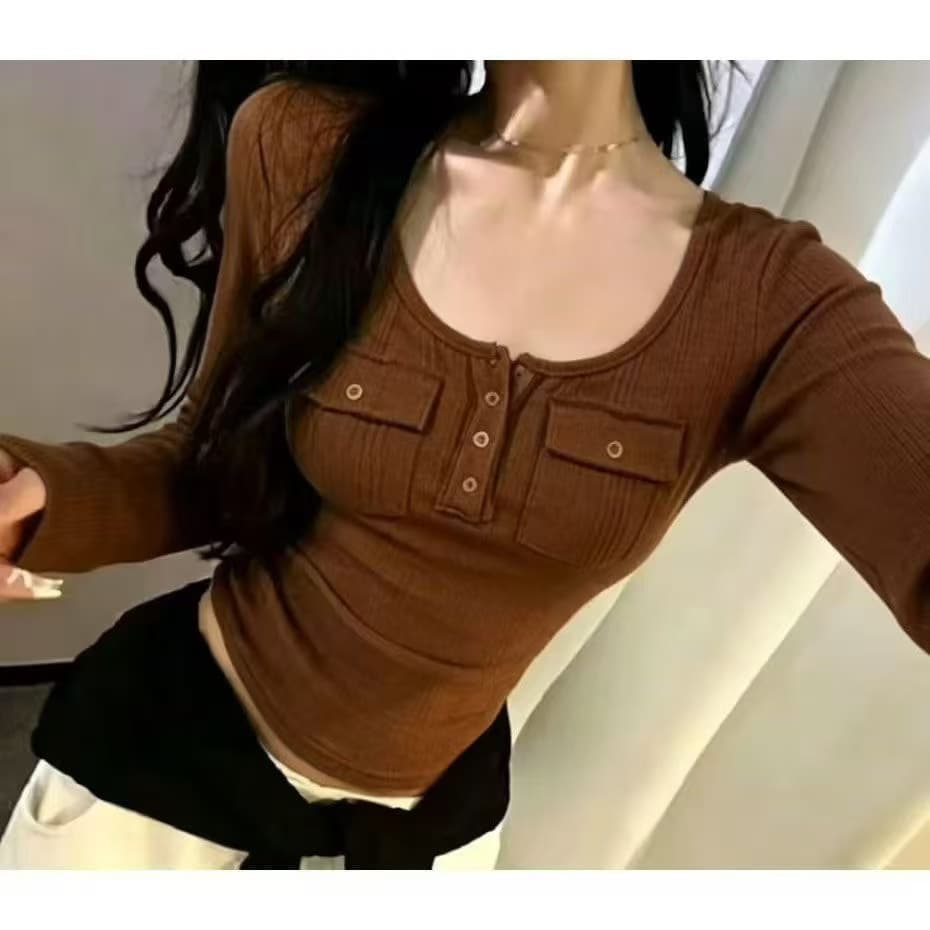 2026 가을 한국 스타일 u 칼라 단추 긍정적 인 어깨 반팔 티셔츠 여성 의류 순수한 욕망 주머니 주름 허리 수축 쇼트 스타일 맨위 서비스 상세 이미지 4