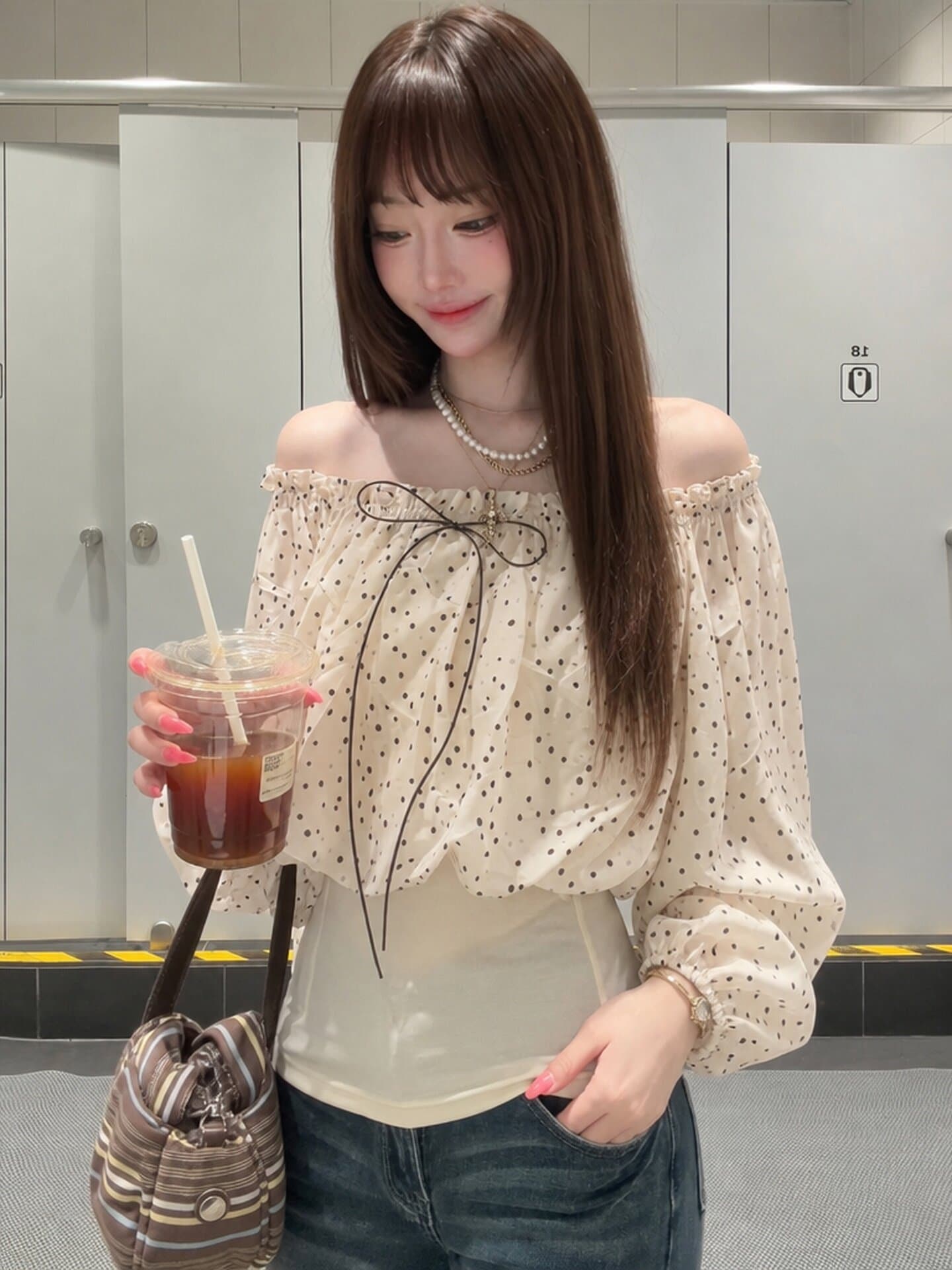 도트 무늬 나비 매듭 몸매 가꾸기 보트넥 벌룬 소매 허리 수축 셔츠 여성 셔츠 2026 가을 해변가 휴가 맨위 이미지 3
