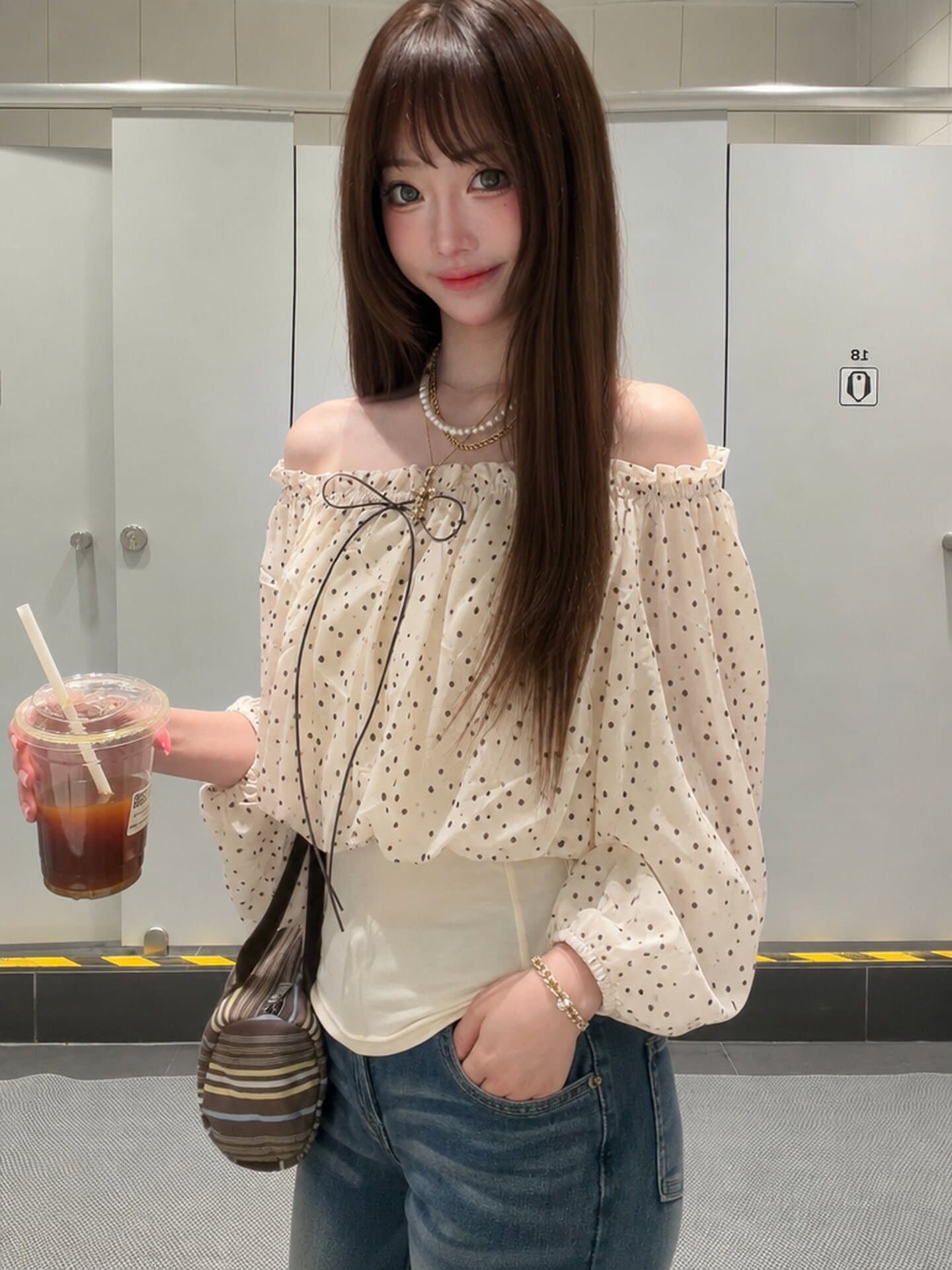 도트 무늬 나비 매듭 몸매 가꾸기 보트넥 벌룬 소매 허리 수축 셔츠 여성 셔츠 2026 가을 해변가 휴가 맨위 이미지 5