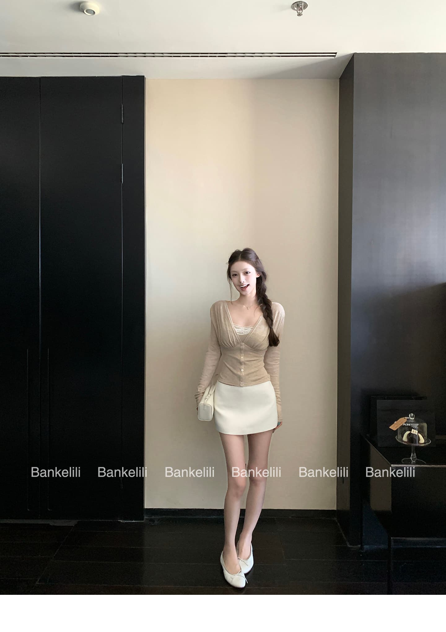 밤나무 코코아 bankelili 순수한 욕망 안개 빛 76 주간 실크 19 양모 V넥 플리츠 오픈 가디건 튜브탑 세트 그룹 상세 이미지 18