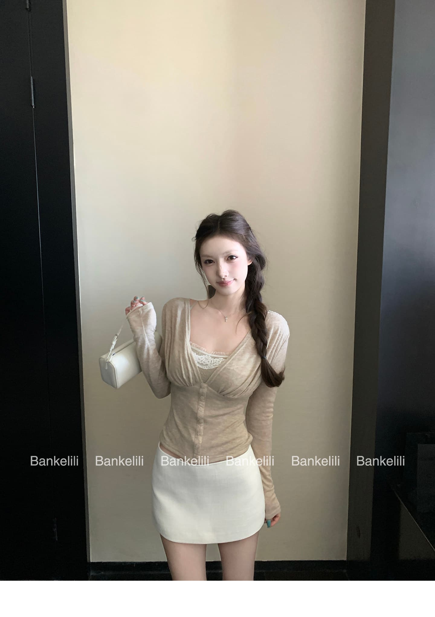 밤나무 코코아 bankelili 순수한 욕망 안개 빛 76 주간 실크 19 양모 V넥 플리츠 오픈 가디건 튜브탑 세트 그룹 상세 이미지 24