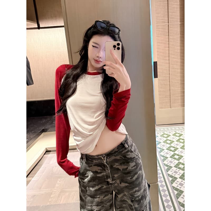한 부서 스트라이프 패치워크 색상 라운드 넥 긴팔 티셔츠 가을 여성 2026 새로운 얇은 스타일 캐주얼 다용도 느슨함 바람 맨위 상세 이미지 2