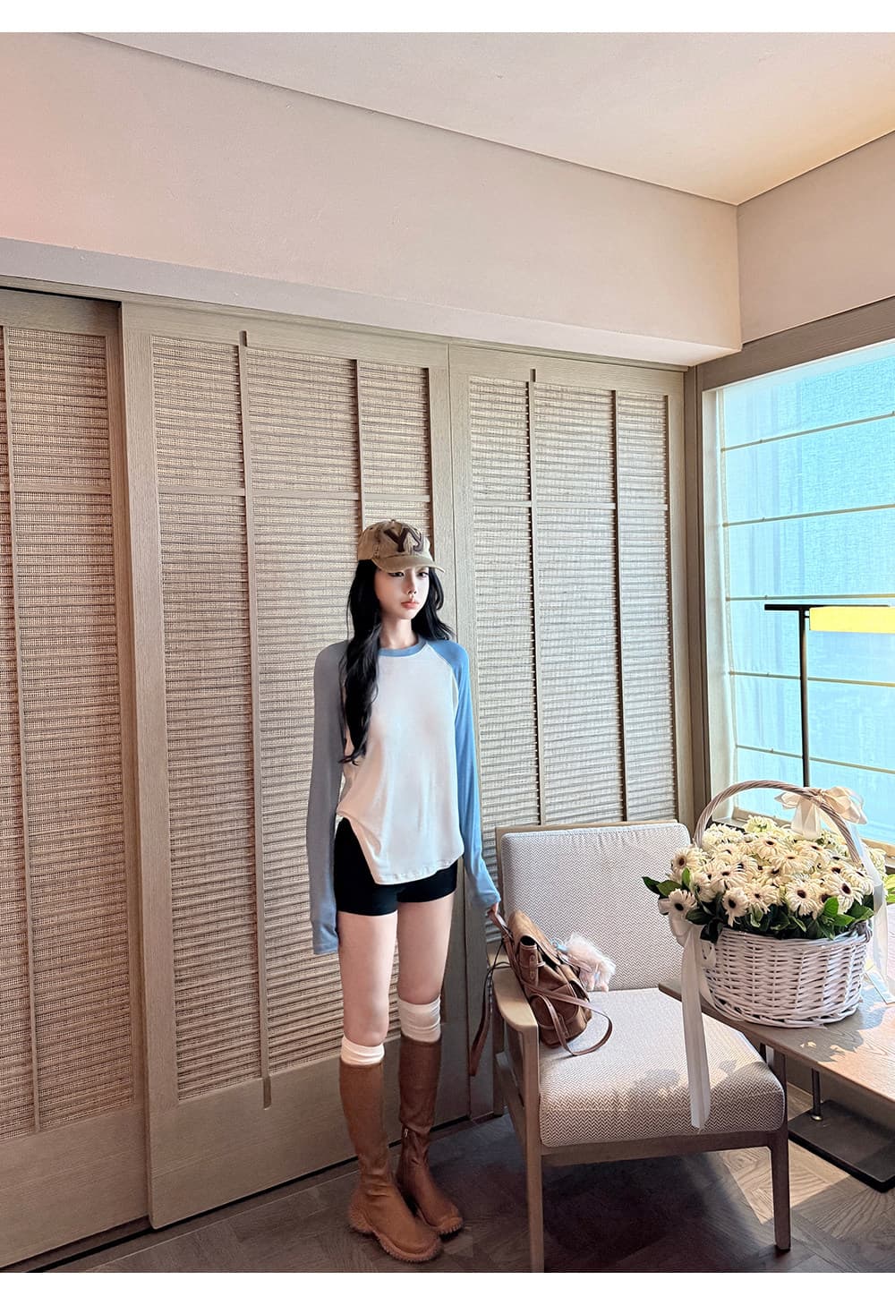 laareetoo 배색 스트라이프 삽입 어깨 소매 시리즈 긴팔 티셔츠 여성 가을 슬림해 보이는 다용도 쇼트 스타일 맨위 상세 이미지 5