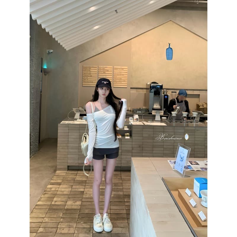 화이트 워터 여성 soft 한 여성 산소 세트 그룹 라이 경기 서울 비스듬한 어깨 티셔츠 계단식 반바지 여성 이른 가을 부드러운 맨위 이미지 5