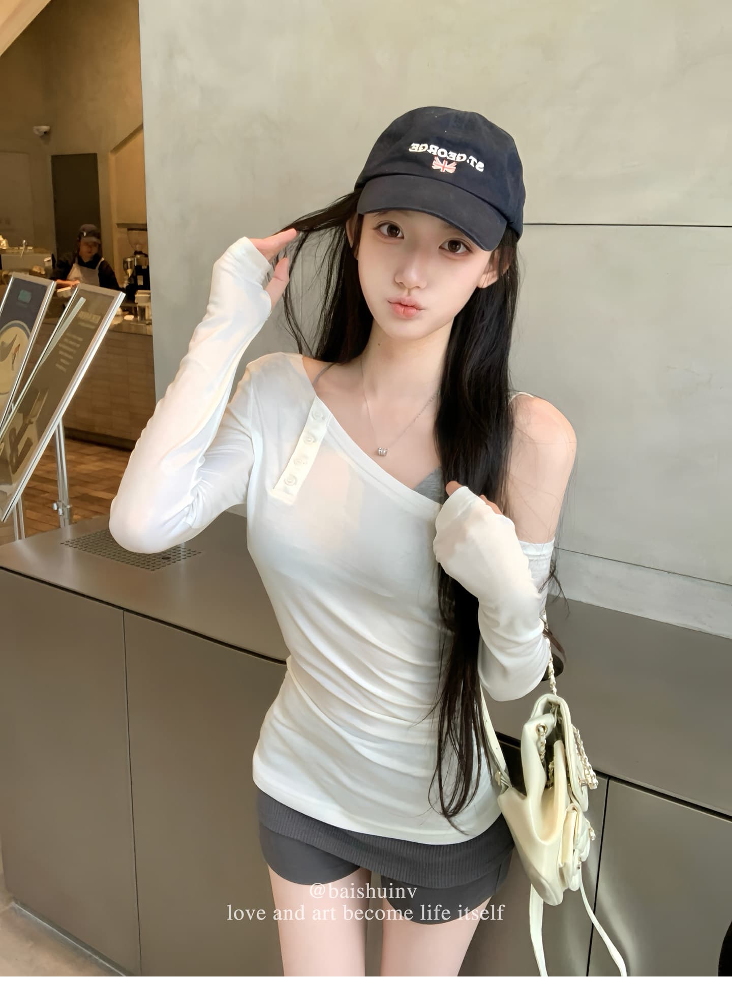 화이트 워터 여성 soft 한 여성 산소 세트 그룹 라이 경기 서울 비스듬한 어깨 티셔츠 계단식 반바지 여성 이른 가을 부드러운 맨위 상세 이미지 2