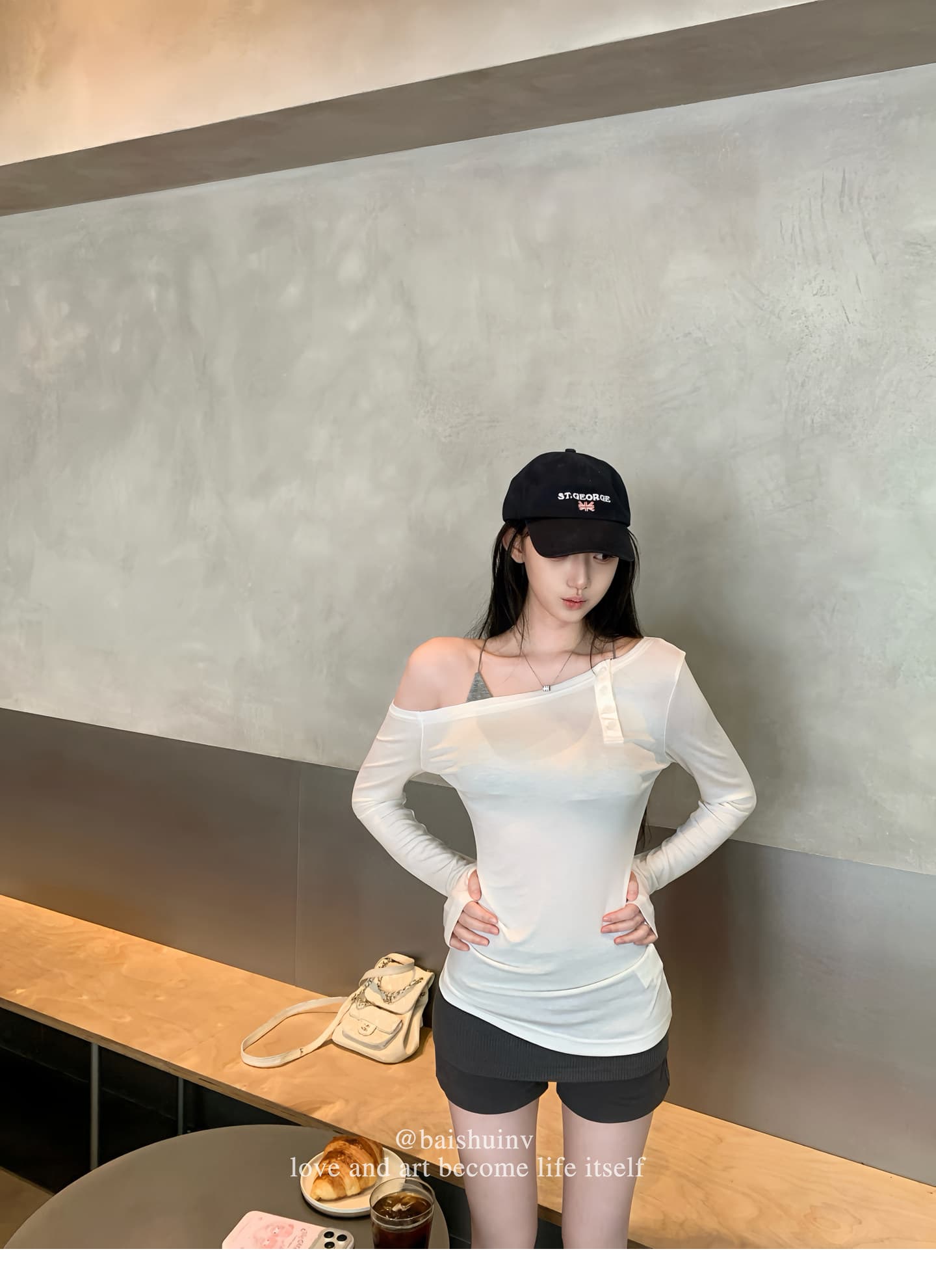 화이트 워터 여성 soft 한 여성 산소 세트 그룹 라이 경기 서울 비스듬한 어깨 티셔츠 계단식 반바지 여성 이른 가을 부드러운 맨위 상세 이미지 9