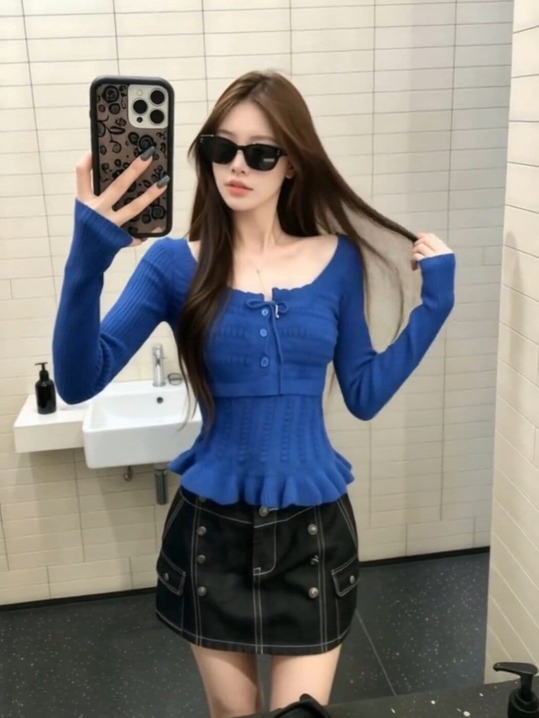 순수한 욕망 바람 광장 칼라 트위스트 꽃 레이스업 긴팔 니트 스웨터 여성 이른 가을 새로운 프릴 패치워크 디자인 품격 맨위