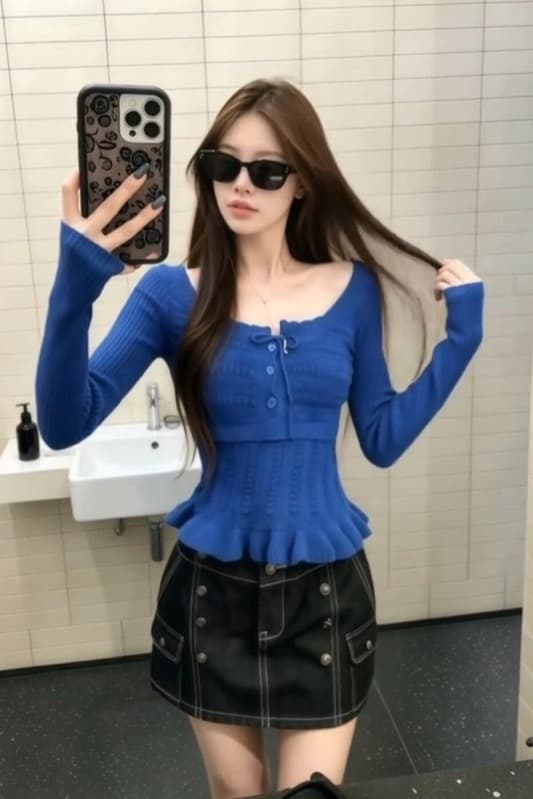 순수한 욕망 바람 광장 칼라 트위스트 꽃 레이스업 긴팔 니트 스웨터 여성 이른 가을 새로운 프릴 패치워크 디자인 품격 맨위 이미지 6