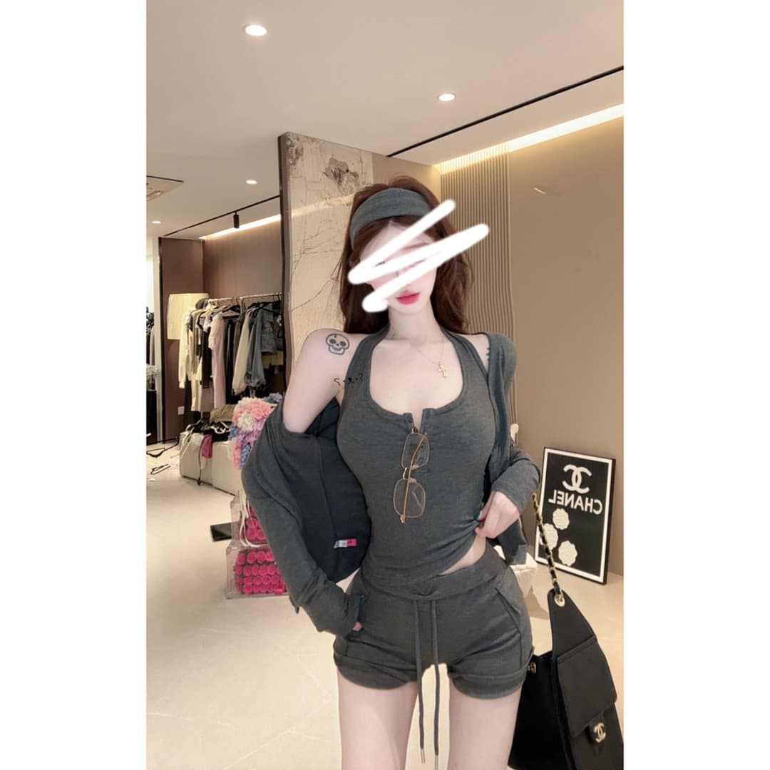 순수한 욕망 핫걸 행침 목 슬립 오픈 가디건 조끼 반바지 세트 이미지 5