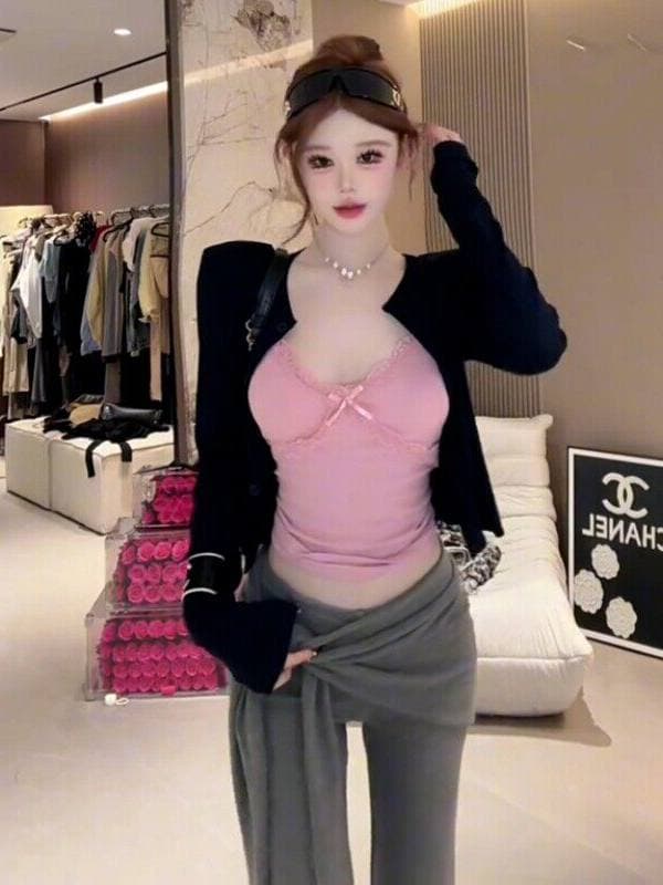 순수한 욕망 섹시함 핑크색 레이스 나비 매듭 캐미솔 오픈 가디건 두 조각 여성 세트 가을 새로운 몸매 가꾸기 다용도 이미지 3