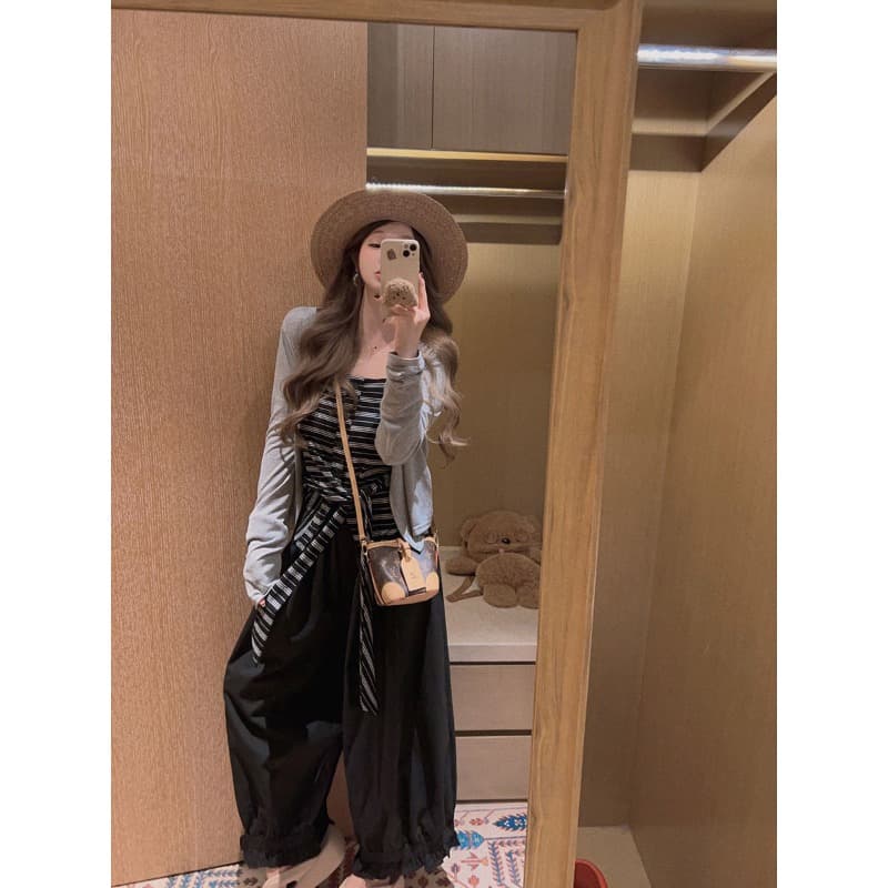 스키니 투피스 세트 스트라이프 허리 수축 슬립 표지 고기 자외선 차단 오픈 가디건 상세 이미지 5
