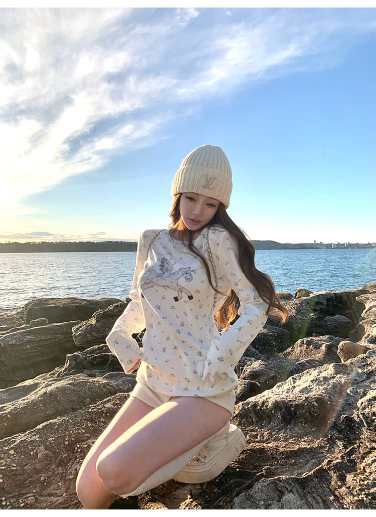 suuuicee 캡처 꿈 유니콘 전체 인쇄 작은 꽃무늬 구덩이 기사 질감 센스 캐주얼 라운드 넥 긴팔 티셔츠 상세 이미지 10