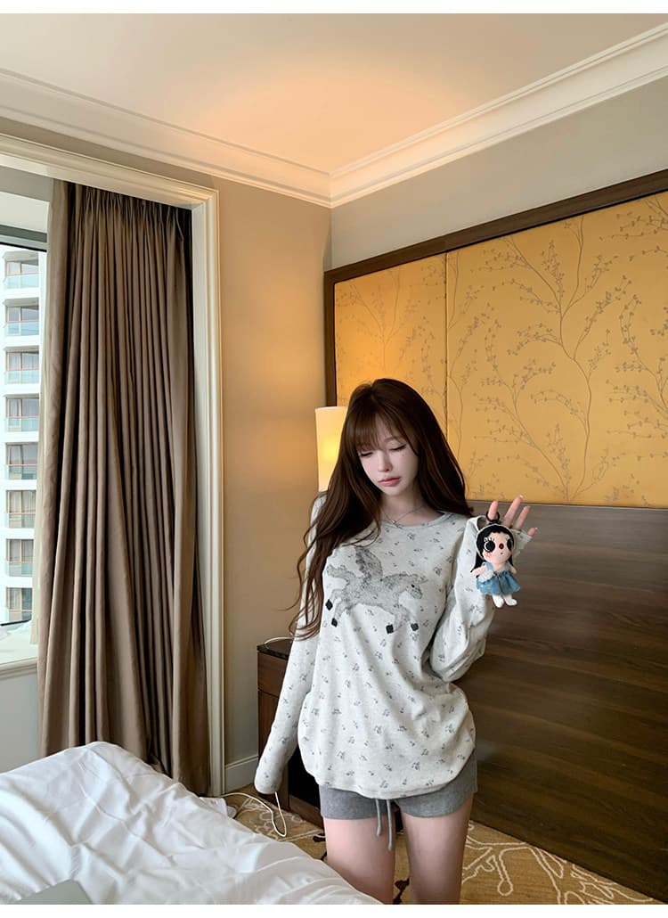 suuuicee 캡처 꿈 유니콘 전체 인쇄 작은 꽃무늬 구덩이 기사 질감 센스 캐주얼 라운드 넥 긴팔 티셔츠 상세 이미지 32
