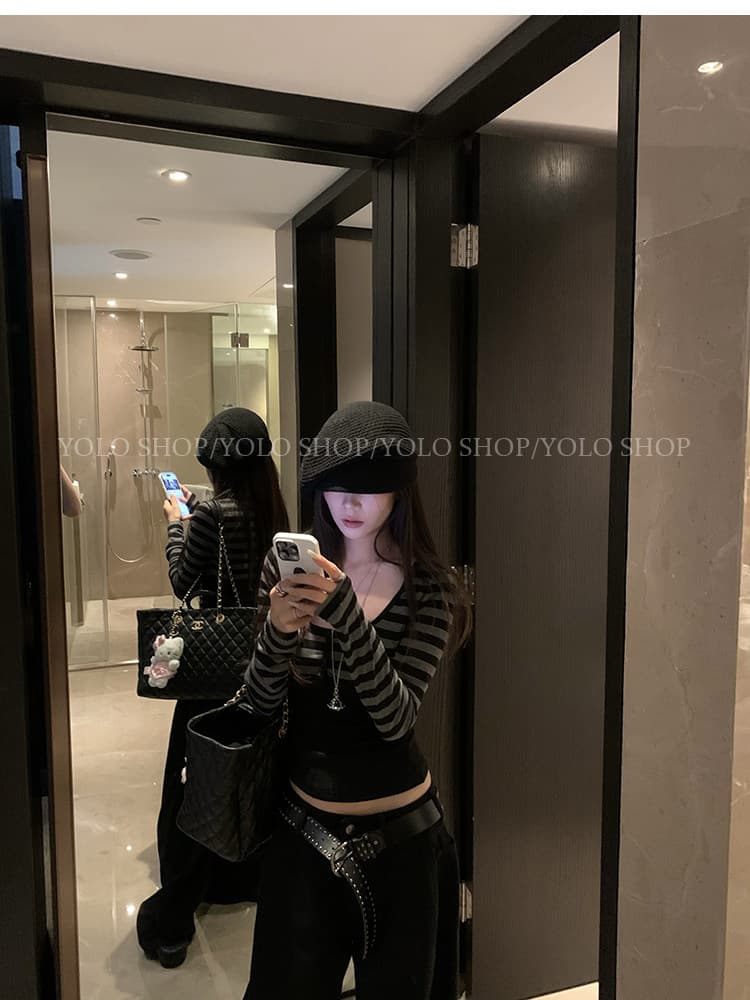 yolo shop 남자 찢어짐 여성 주님 라이 경기 서울 스트라이프 라운드 넥 쇼트 스타일 오픈 가디건 여성 가을 디자인 센스 스택 착용 맨위 상세 이미지 12
