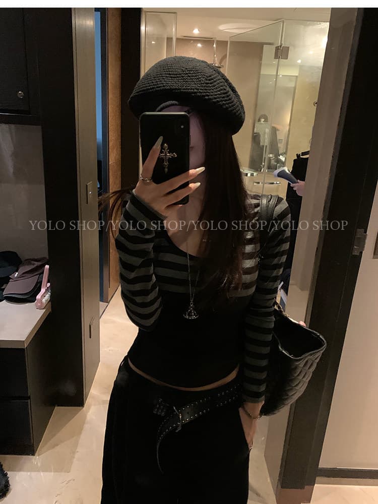 yolo shop 남자 찢어짐 여성 주님 라이 경기 서울 스트라이프 라운드 넥 쇼트 스타일 오픈 가디건 여성 가을 디자인 센스 스택 착용 맨위 상세 이미지 15