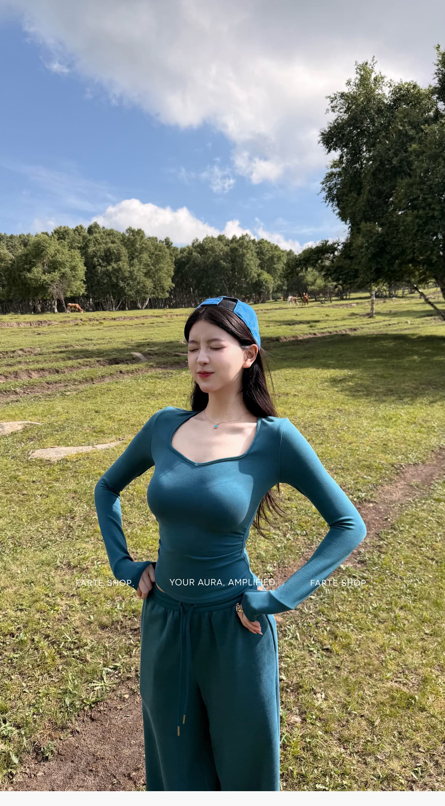 farte shop 정오 꿈 딸기 공작 블루 복숭아 심장 고리 긴팔 펌프 Pleat 티셔츠 여성 봄 가을 허리 수축 맨위 상세 이미지 5