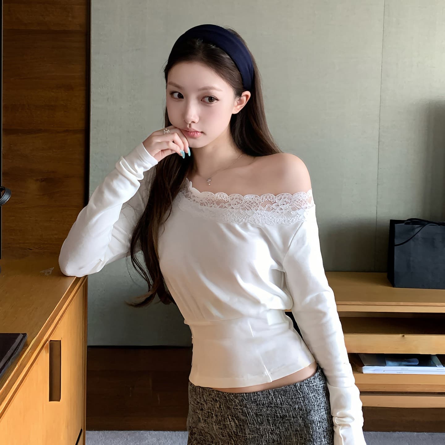 순수한 욕망 바람 레이스 조각 비스듬한 칼라 긴팔 티셔츠 여성 의류 2026 새로운 가을 꼬집기 허리 슬림해 보이는 다용도 ins 맨위 이미지 6