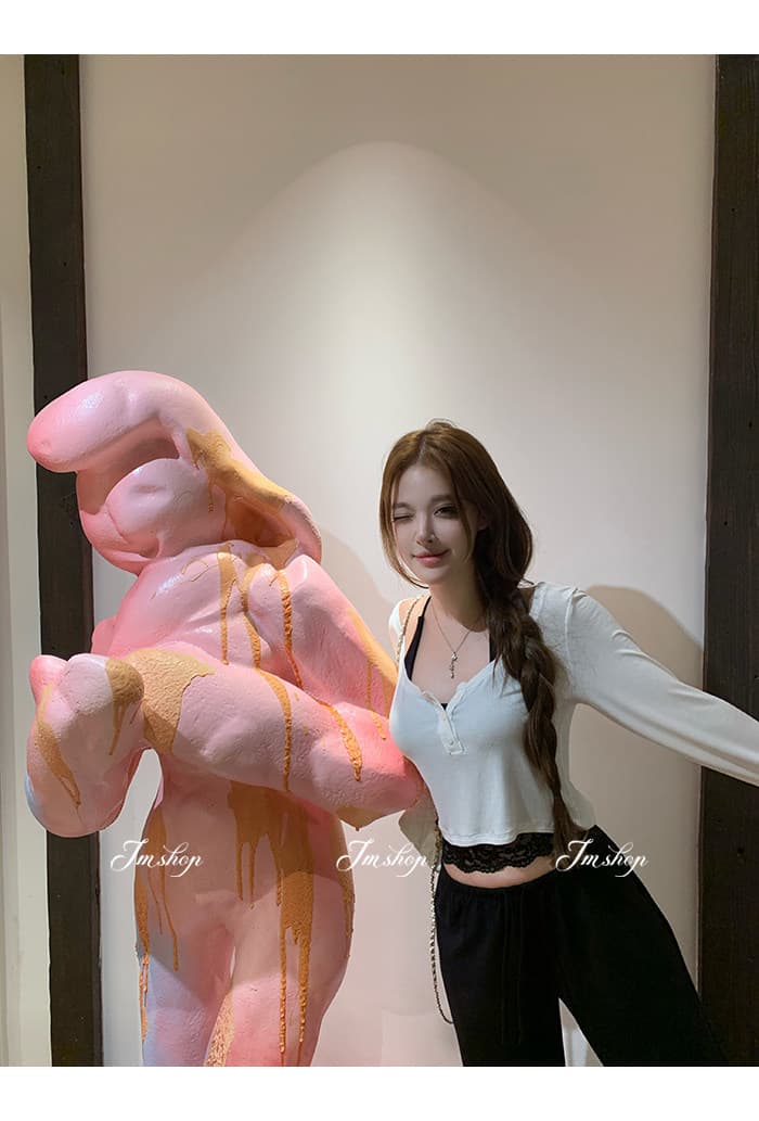 이른 가을 새로운 긴팔 빈 매듭 티셔츠 레이스 레이스 행침 목 슬립 캐주얼 바지 3종 세트 세트 상세 이미지 8