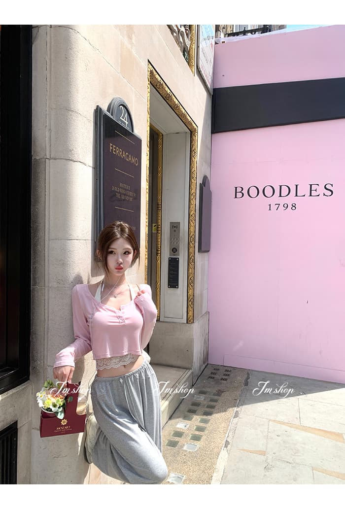 이른 가을 새로운 긴팔 빈 매듭 티셔츠 레이스 레이스 행침 목 슬립 캐주얼 바지 3종 세트 세트 상세 이미지 16