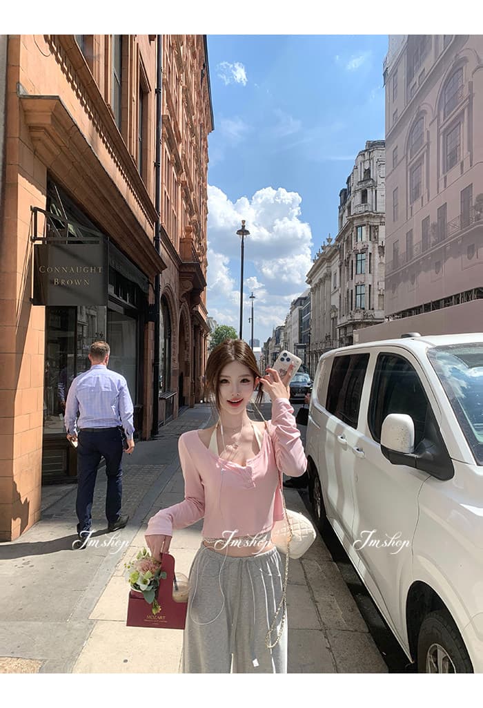 이른 가을 새로운 긴팔 빈 매듭 티셔츠 레이스 레이스 행침 목 슬립 캐주얼 바지 3종 세트 세트 상세 이미지 18