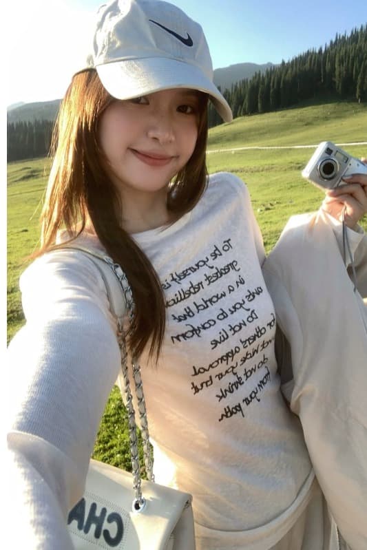 런던 주말 캐주얼 레이스업 펌프 로프 필적 알파벳 프린트 긴팔 티셔츠 이미지 6