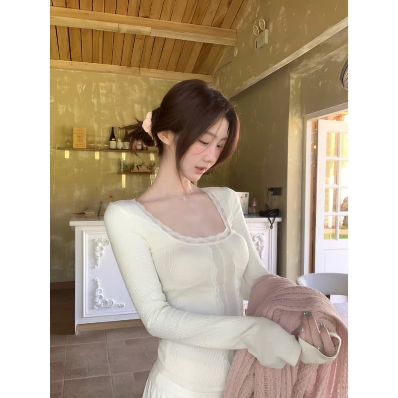 화이트 워터 여성 榛 과일 초콜릿 레이스 레이스 u 칼라 티셔츠 여성 이른 가을 한 부서 디자인 센스 순수한 욕망 섹시함 맨위 이미지 5