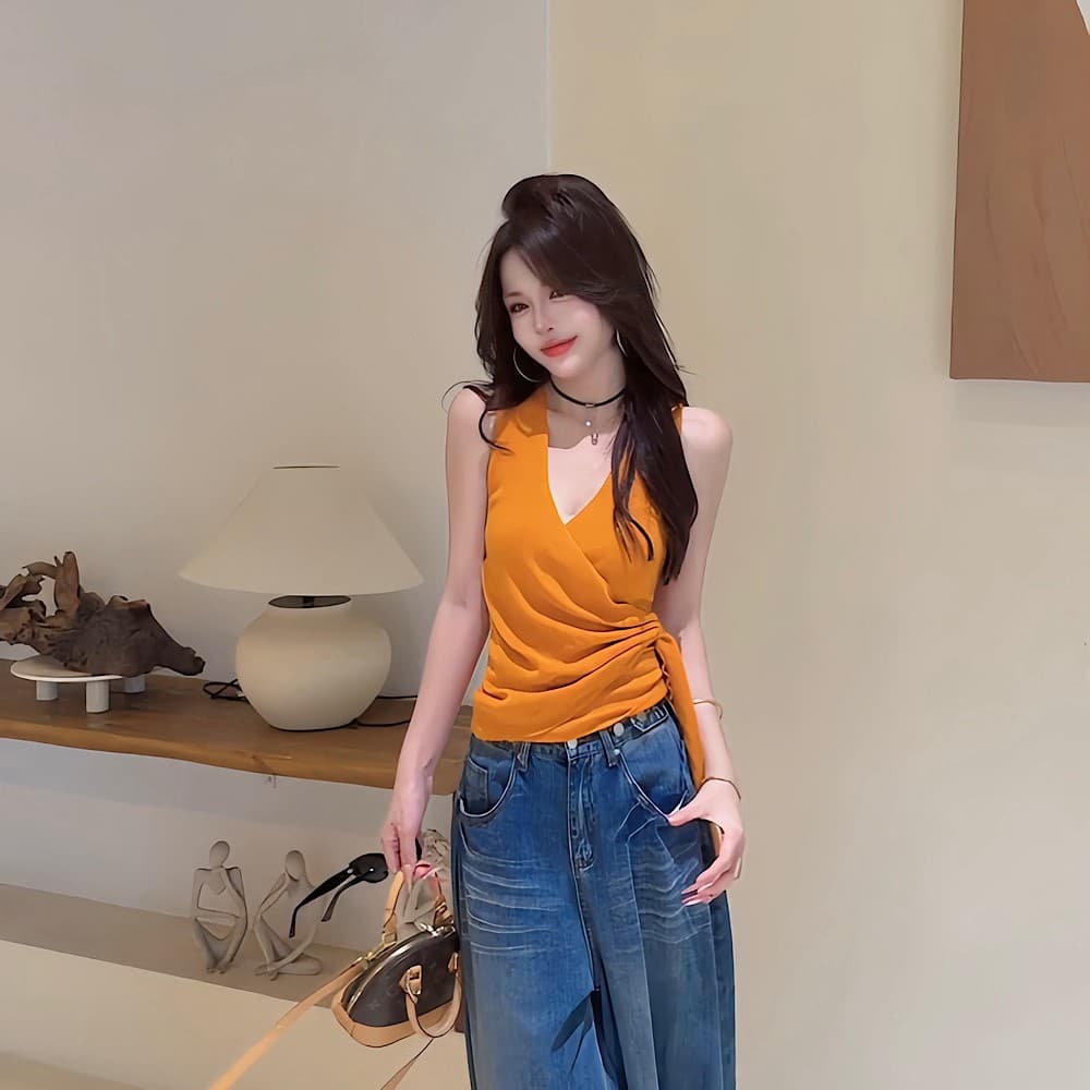 이른 가을 신제품 패션 디자인 센스 측면 레이스업 민소매 니트 맨위 여성 상세 이미지 1