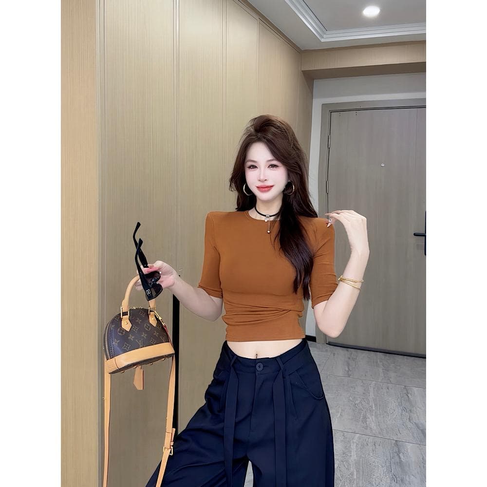 이른 가을 신제품 패션 다용도 작은 원 칼라 중간 소매 맨위 여성 상세 이미지 2