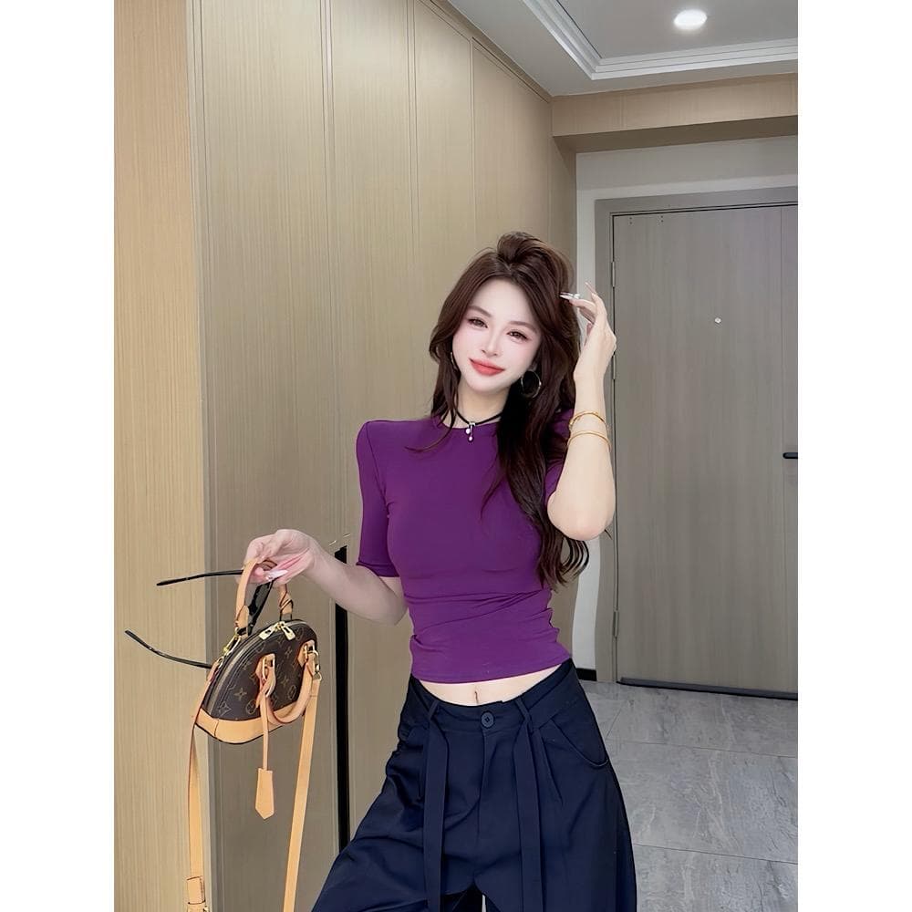 이른 가을 신제품 패션 다용도 작은 원 칼라 중간 소매 맨위 여성 상세 이미지 9